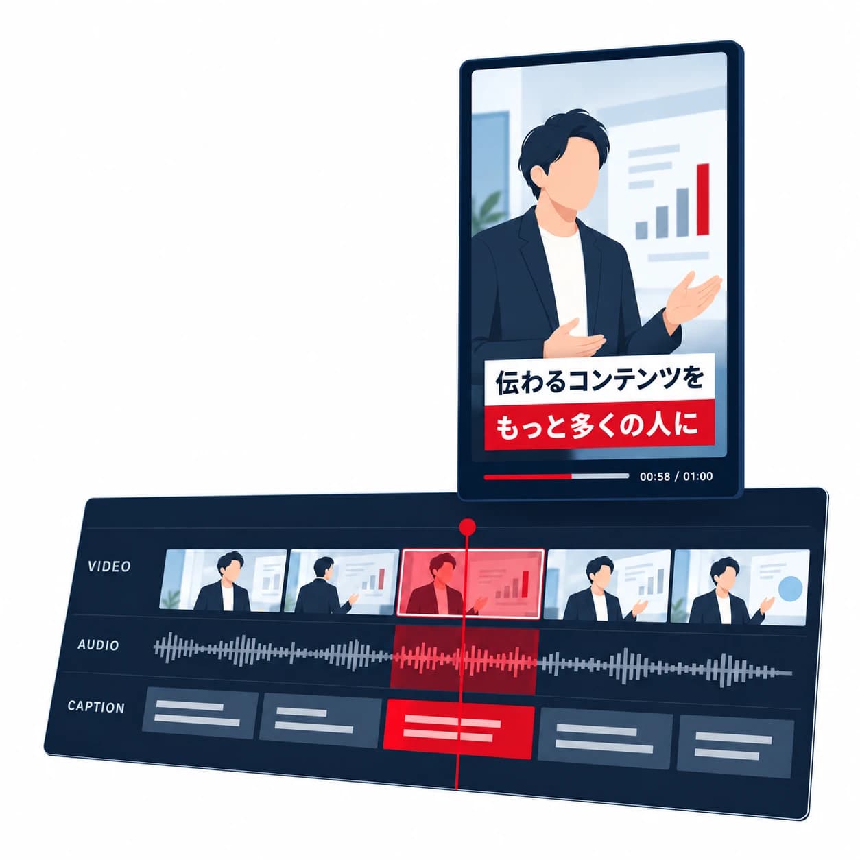 明るい人物イラストに白と赤のテロップを加えた縦型動画と、映像・音声・字幕を編集するタイムライン